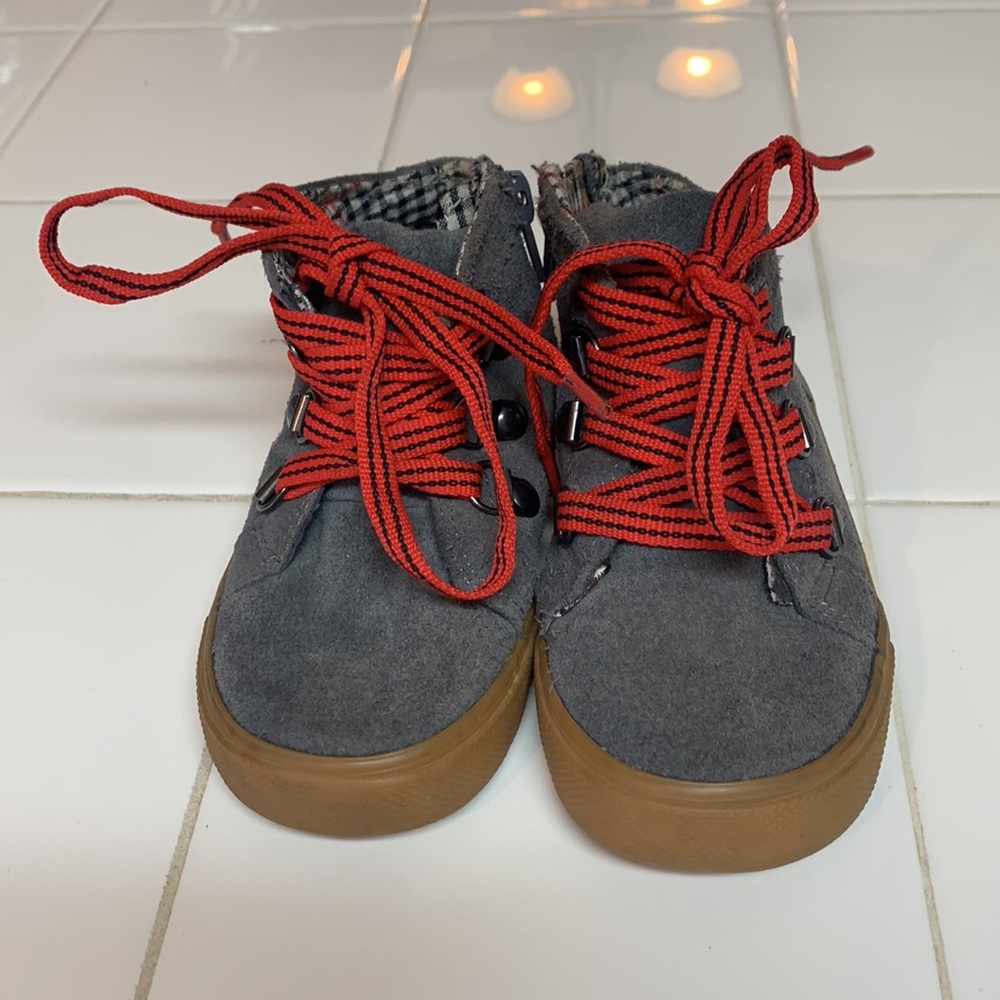 8 toddler Cherokee grey suede high tops with red laces. Very gently used